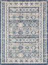 Close-up of the Purdys Area Rug. Bohemian style rug with aqua, charcoal, cream, and blue geometric patterns. Design-Rectangle-5373