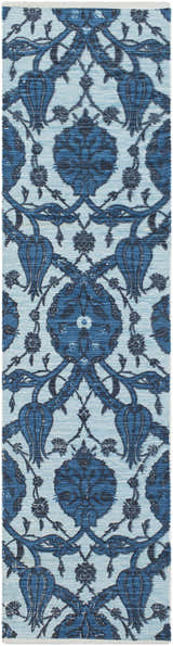 Close-up of Premier Area Rug - Clearance. Hand woven cotton rug in aqua, blue, and navy with a contemporary floral pattern. Design-Runner