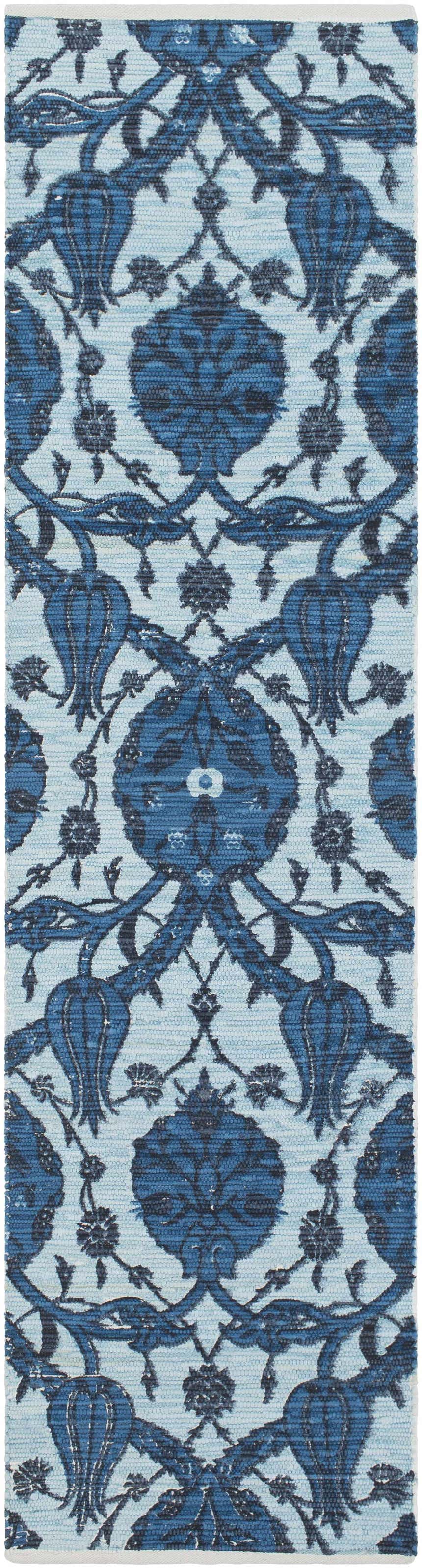Close-up of Premier Area Rug - Clearance. Hand woven cotton rug in aqua, blue, and navy with a contemporary floral pattern. Design-Runner