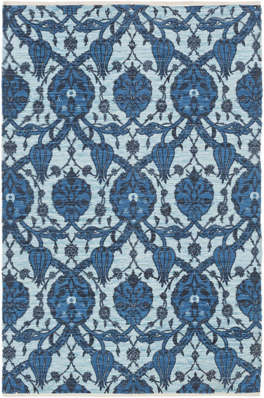 Close-up of the Premier Area Rug Clearance, a hand-woven cotton rug with a blue floral and tulip pattern. Design-Rectangle-576