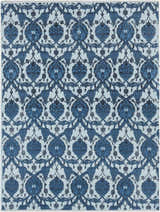 Close-up of the Premier Area Rug - Clearance. Hand-woven cotton rug with a contemporary floral pattern in aqua and blue tones. Design-Rectangle-811
