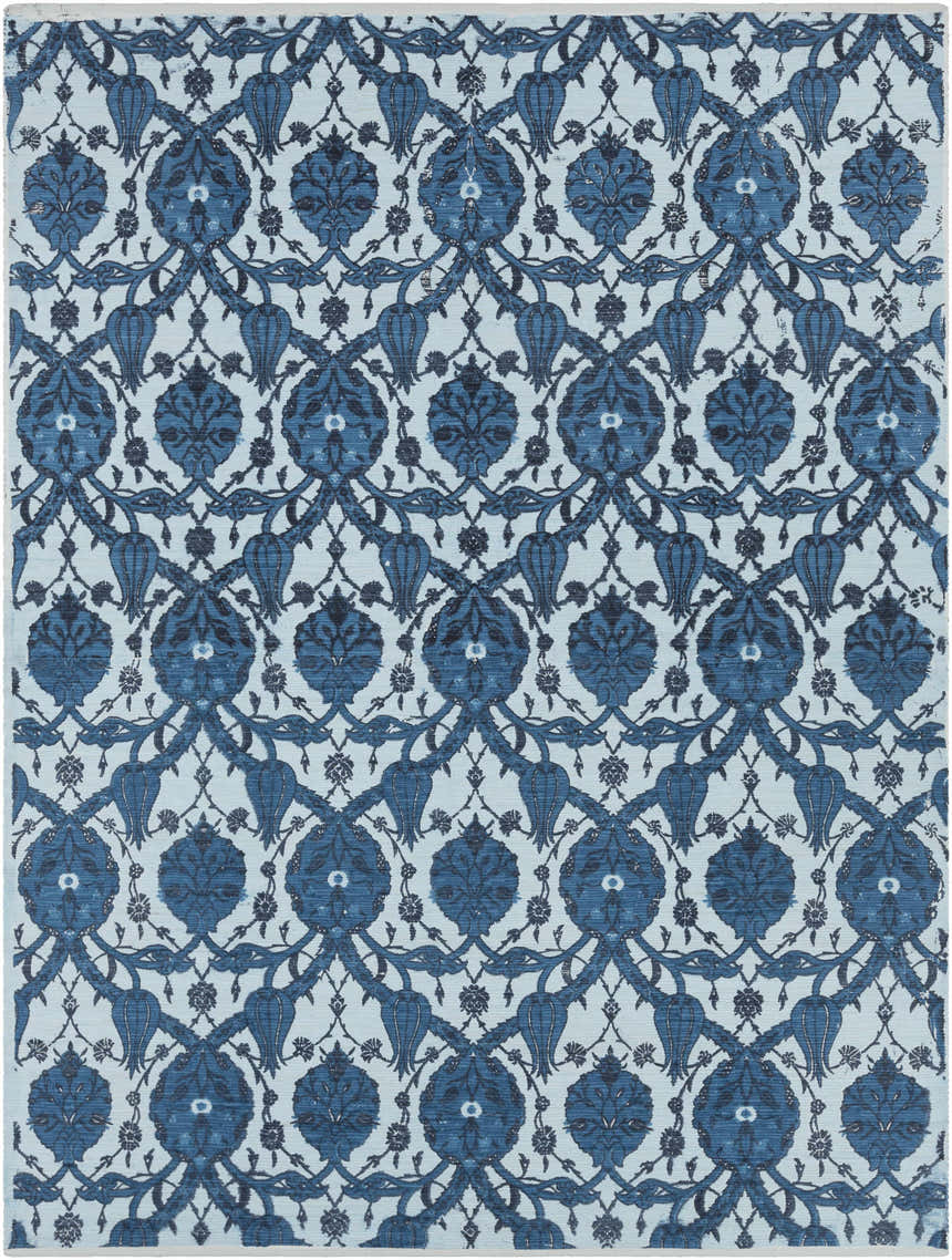 Close-up of the Premier Area Rug - Clearance. Hand-woven cotton rug with a contemporary floral pattern in aqua and blue tones. Design-Rectangle-811