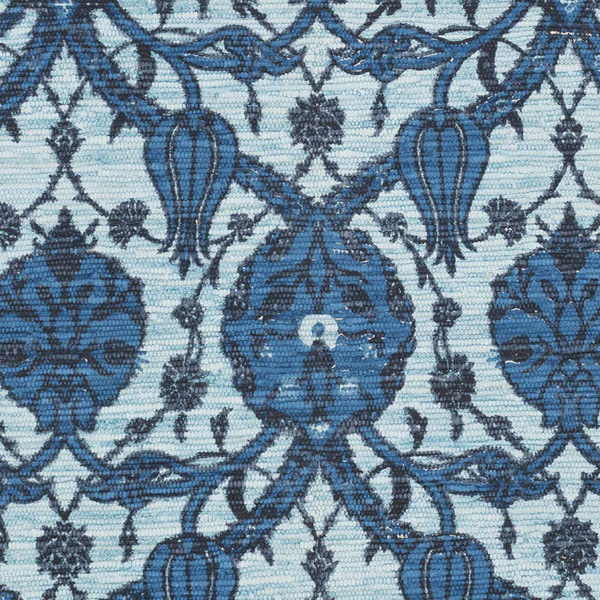 Close-up of the Premier Area Rug - Clearance, showcasing its hand-woven cotton texture and blue floral pattern. Swatch