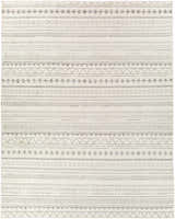 Close-up of the Parmelia Area Rug with a geometric, bohemian pattern in charcoal, light gray, and off-white. Design-Rectangle-710103