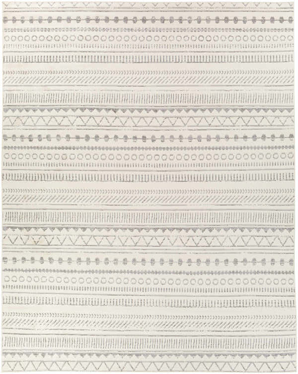 Close-up of the Parmelia Area Rug with a geometric, bohemian pattern in charcoal, light gray, and off-white. Design-Rectangle-710103