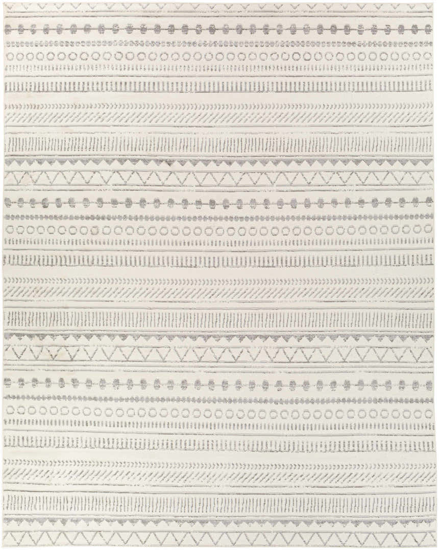 Close-up of the Parmelia Area Rug with a geometric, bohemian pattern in charcoal, light gray, and off-white. Design-Rectangle-710103