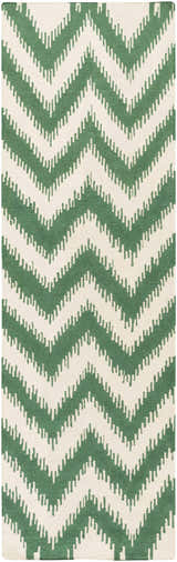 Parsonsfield Area Rug: Cream and medium green wool rug with a contemporary chevron pattern. Hand woven texture. Design-Runner-268