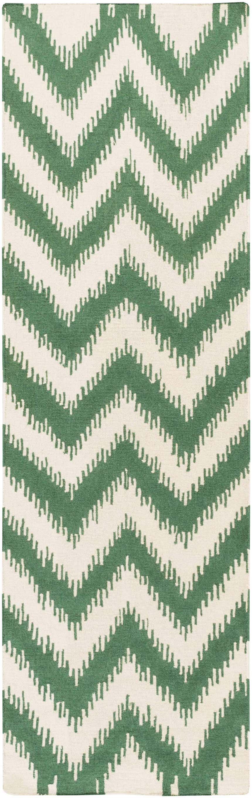 Parsonsfield Area Rug: Cream and medium green wool rug with a contemporary chevron pattern. Hand woven texture. Design-Runner-268