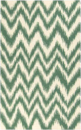 Close-up of Parsonsfield Area Rug: cream and medium green wool rug with a bohemian chevron pattern. Design-Rectangle