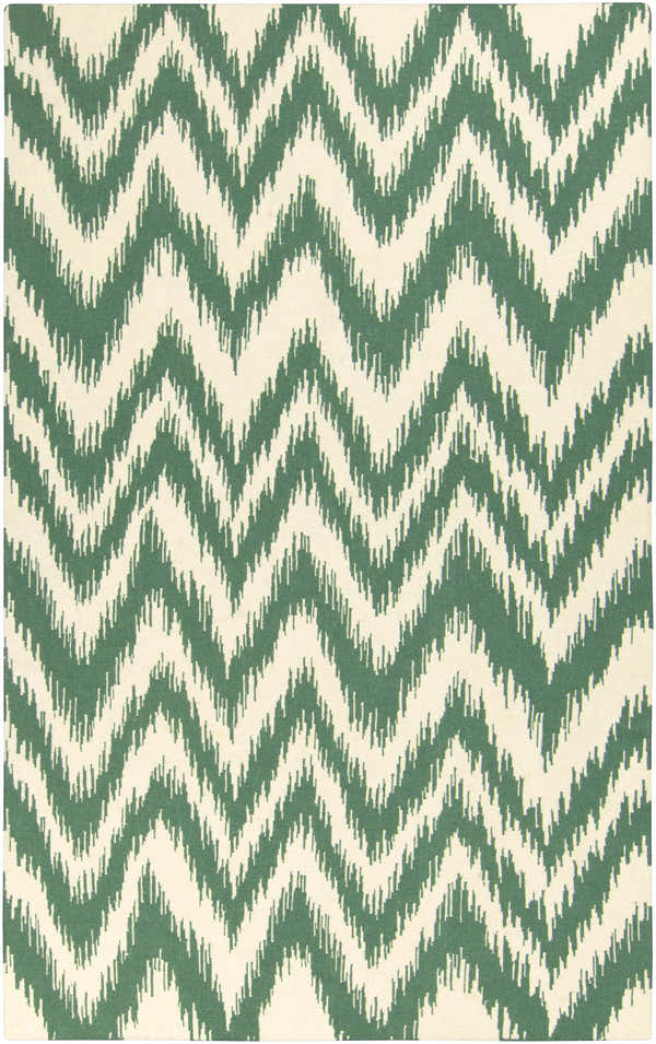 Close-up of Parsonsfield Area Rug: cream and medium green wool rug with a bohemian chevron pattern. Design-Rectangle