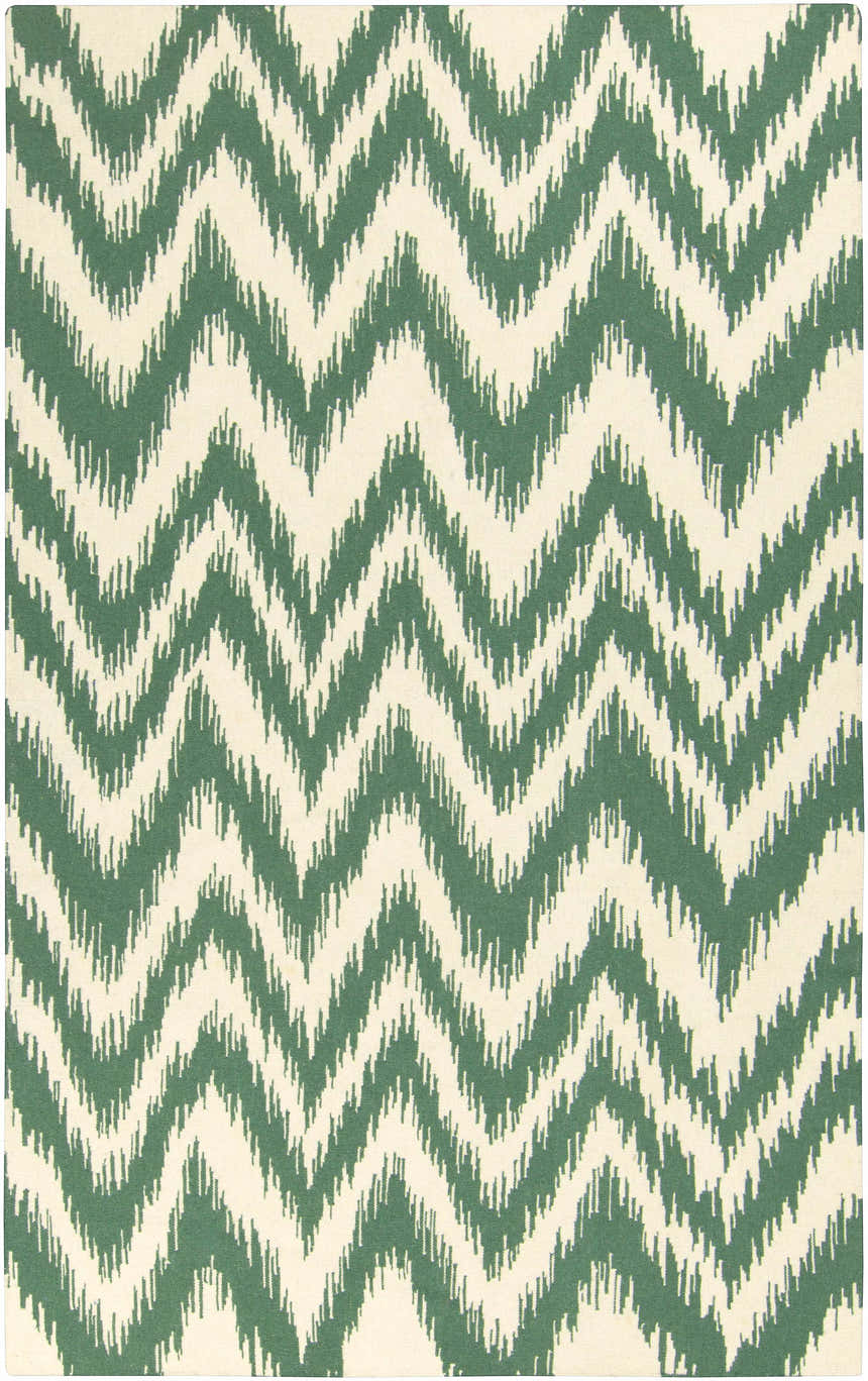 Close-up of Parsonsfield Area Rug: cream and medium green wool rug with a bohemian chevron pattern. Design-Rectangle