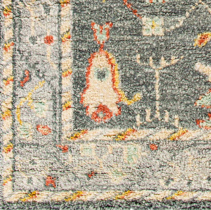 Close-up of the hand-knotted Prosperidad Wool Rug. Features brick red, charcoal, cream, and light gray colors. Swatch