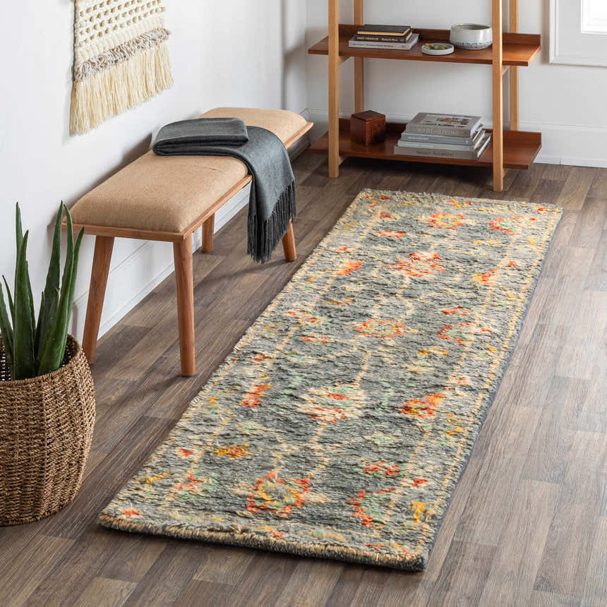Entryway scene with a Prosperidad Handmade Wool Rug runner in brick red, charcoal, and cream colors. Bohemian style. Roomscene-Runner