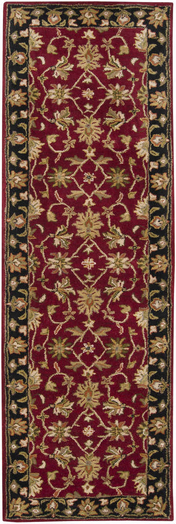 Detailed close-up of a Porthcawl Wool Area Rug. Features a brick red field with black border and floral pattern in beige, olive, and brown. Design-Runner-268