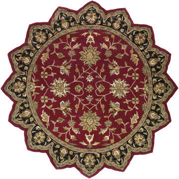 Detailed Porthcawl wool area rug in round shape. Features a brick red center with black and olive floral border. Traditional style. Design-Star