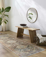 Entryway with wood floors, bench, and Portlaw Washable Area Rug runner in blue, red, and brown tones. Roomscene-Runner