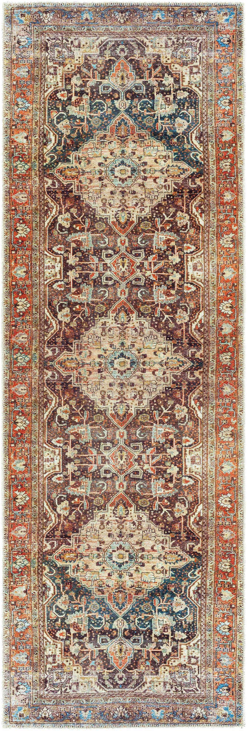 Detailed Portlaw Washable Area Rug runner with a traditional oriental pattern in blue, brick red, and brown tones. Design-Runner-27710