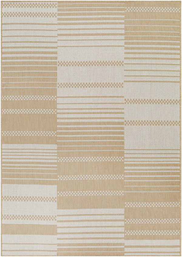Close-up of the Portscatho Carpet - Clearance. Beige and light beige rug with a geometric striped pattern. Design-Rectangle-537