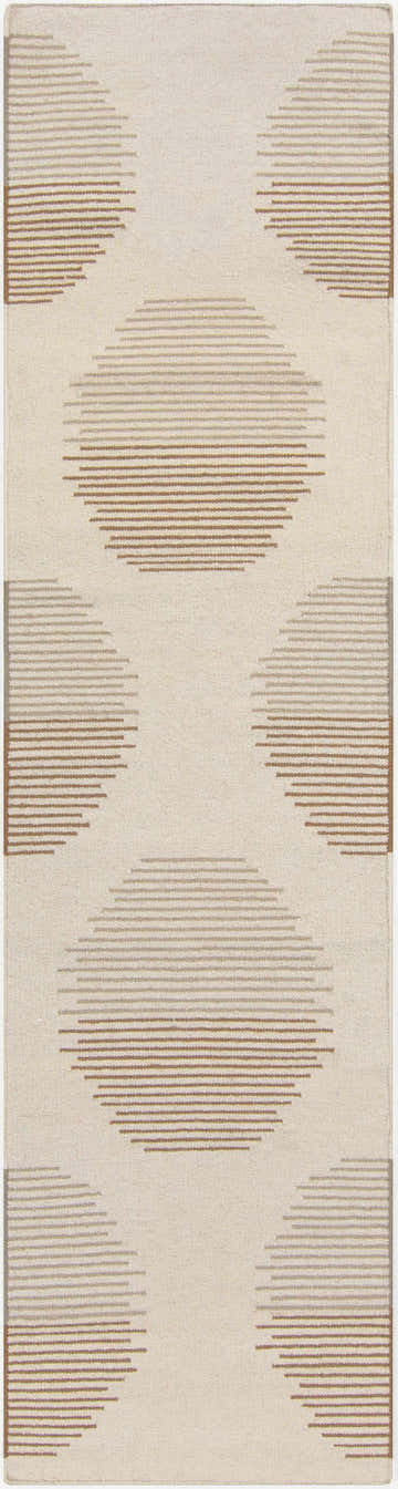 Close-up of Portstewart Area Rug. Hand-woven wool rug with a contemporary geometric pattern in brown, ivory, and sage. Design-Runner-268