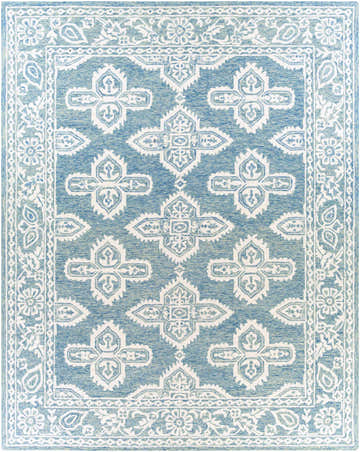 Detailed view of the Passaic Hand Tufted Wool Rug. Features a blue and light beige oriental design with a floral border. Design-Rectangle-810