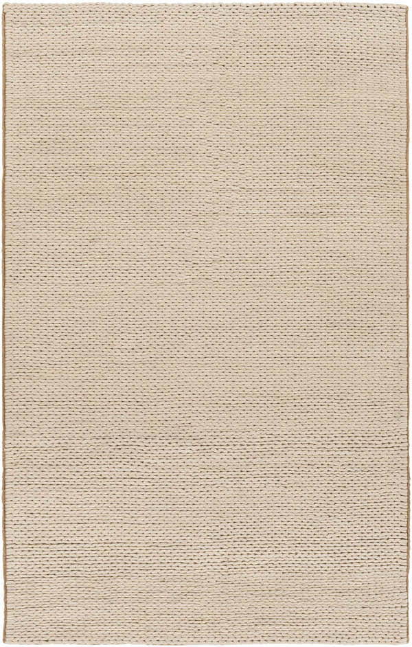 Close-up of the hand woven Petersfield Area Rug. Peach colored, 100% wool with a farmhouse style texture. Design-Rectangle-58