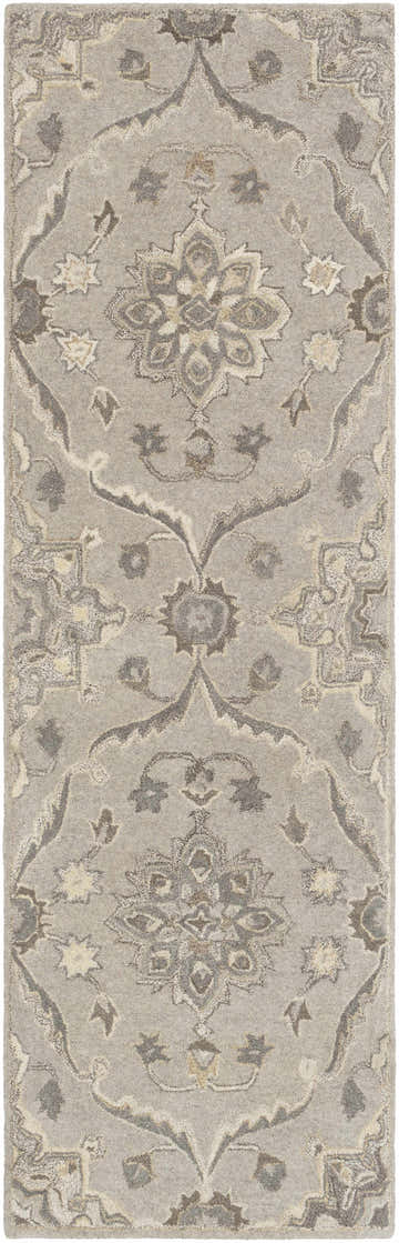 Close-up of the Peterstown Beige Wool Rug featuring a traditional floral pattern in beige, brown, and charcoal. Design-Runner-268
