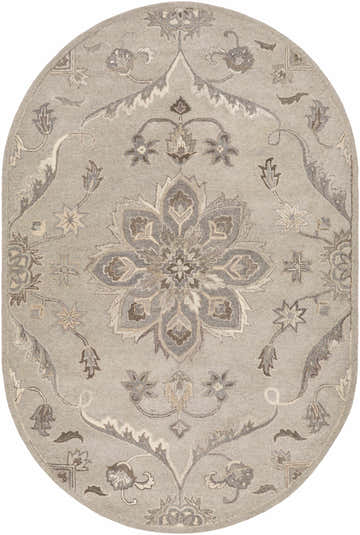 Oval Peterstown Beige Wool Rug with floral and botanical pattern in shades of beige, brown, and gray. Design-Oval-69