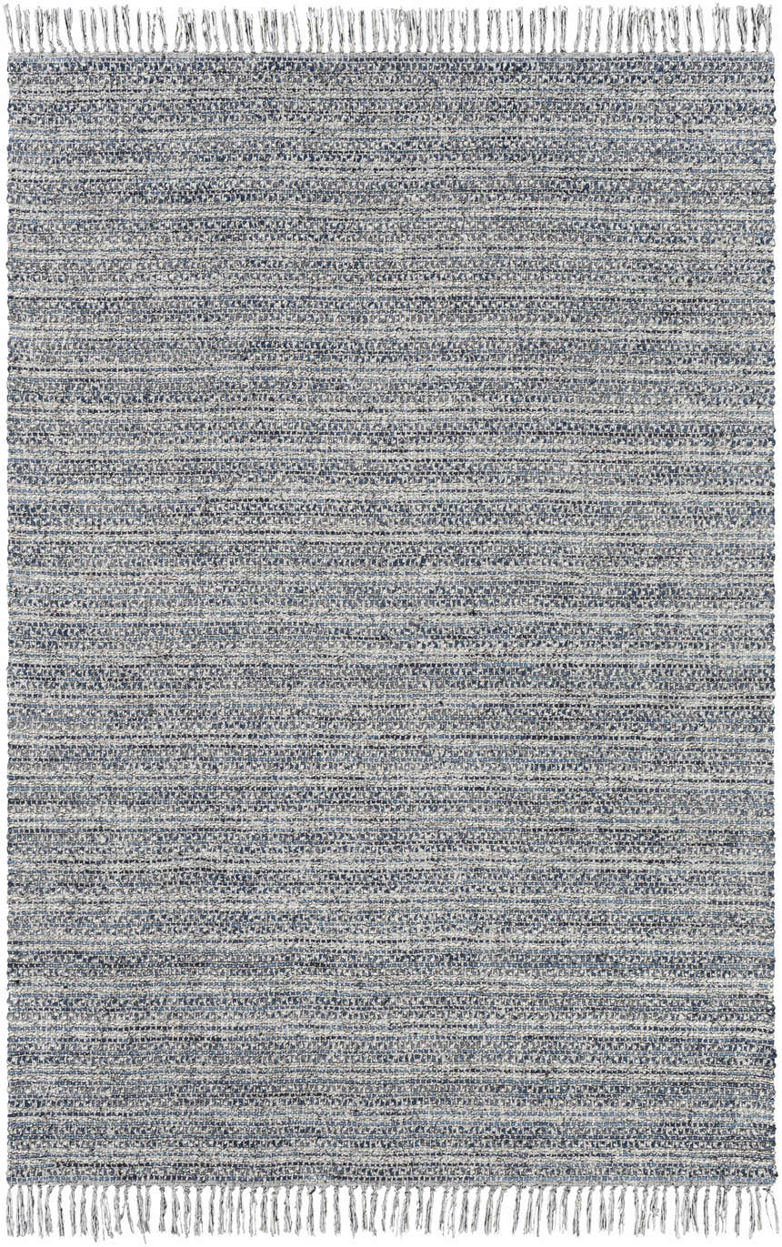 Close-up of the hand-loomed Potterspury Area Rug. Blue, cream, and gray rug with horizontal stripes and fringe detail. Design-Rectangle-576