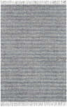 Close-up of the hand-loomed Potterspury Area Rug. Blue, cream, and gray rug with horizontal stripes and fringe detail. Design-Rectangle-576