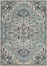 Detailed view of the Pukwana Area Rug, featuring a traditional blue, gray, and cream oriental pattern. Design-Rectangle-5174