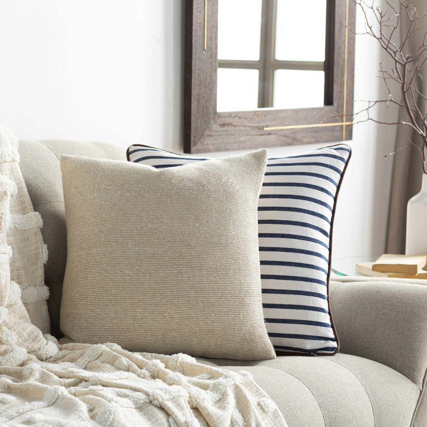 Lunara Cream Raised Ribbed Horizontal Stripe Cottage Country Linen Lumbar Pillow - Clearance