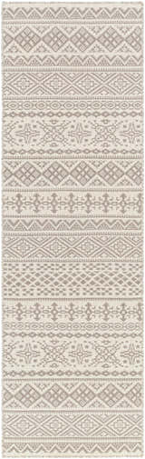 Close-up of Pumwani Area Carpet with cream and gray bohemian geometric design. Hand woven wool rug texture. Design-Runner-268
