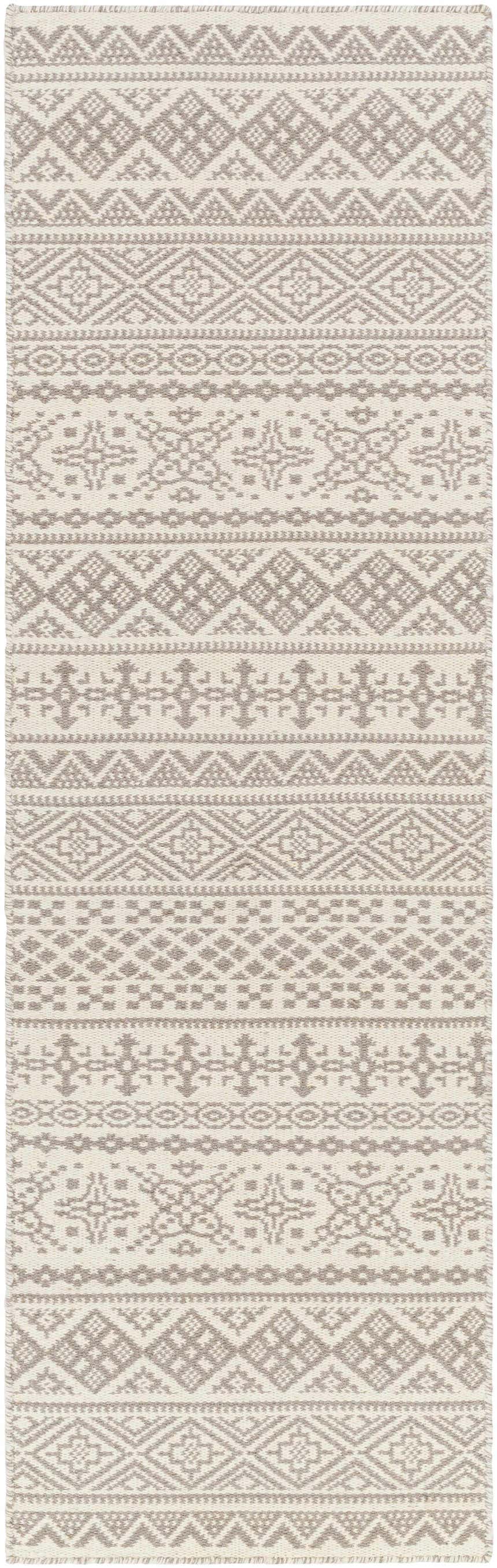Close-up of Pumwani Area Carpet with cream and gray bohemian geometric design. Hand woven wool rug texture. Design-Runner-268