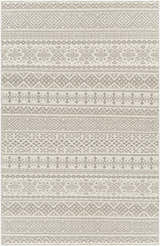 Close-up of the hand woven Pumwani Area Carpet. Cream and gray wool rug with bohemian geometric patterns. Design-Rectangle-576