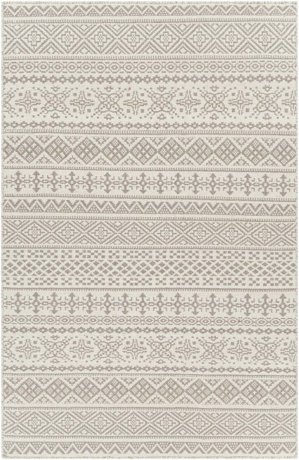 Close-up of the hand woven Pumwani Area Carpet. Cream and gray wool rug with bohemian geometric patterns. Design-Rectangle-576