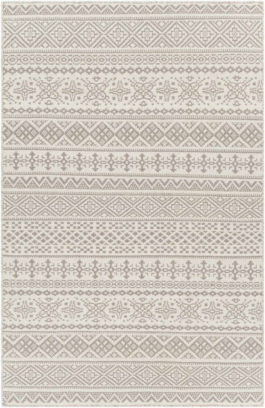 Close-up of the hand woven Pumwani Area Carpet. Cream and gray wool rug with bohemian geometric patterns. Design-Rectangle-576