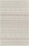 Close-up of the hand woven Pumwani Area Carpet. Cream and gray wool rug with bohemian geometric patterns. Design-Rectangle-576