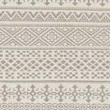 Close-up of Pumwani Area Carpet showing hand woven wool texture and cream and gray geometric, bohemian pattern. Swatch