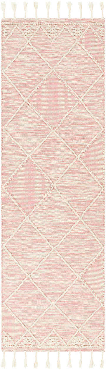 Close-up of Pupukea Tasseled Jute&Wool Rug in cream and light pink with a diamond pattern and tasseled edges. Design-Runner-268