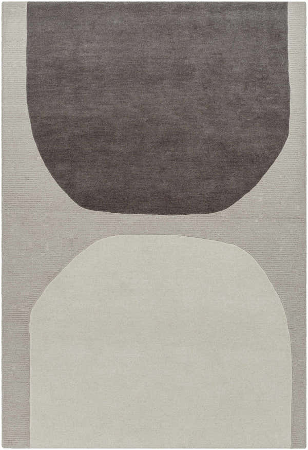 Close-up of the Adhara Area Rug. Hand-tufted wool rug in dark purple, medium gray, and sterling gray with a contemporary design. Design-Rectangle-576