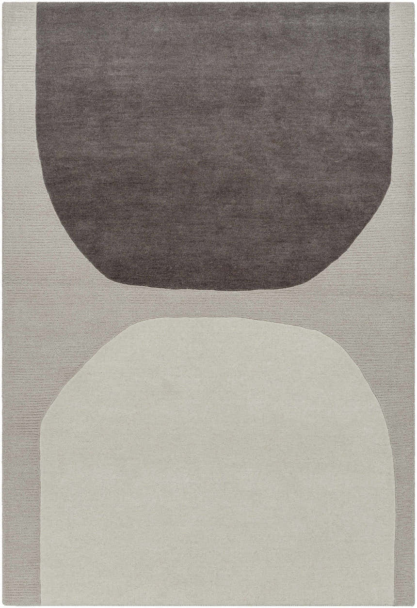Close-up of the Adhara Area Rug. Hand-tufted wool rug in dark purple, medium gray, and sterling gray with a contemporary design. Design-Rectangle-576