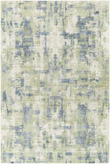 Close-up of the Pyle Area Rug: a contemporary rug with a beige background and an abstract pattern in shades of blue and sage. Design-Rectangle-576