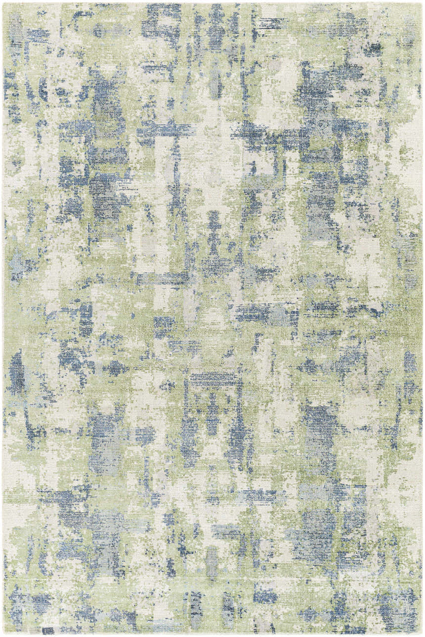 Close-up of the Pyle Area Rug: a contemporary rug with a beige background and an abstract pattern in shades of blue and sage. Design-Rectangle-576