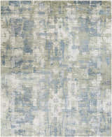 Close-up of the Pyle Area Rug. Hand-knotted wool rug with a contemporary abstract design in beige, blue, and sage tones. Design-Rectangle-810