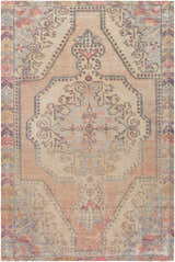 Close-up of the hand-tufted Queenscliff Rug. Bohemian style rug in peach, beige, and red with a traditional Persian-inspired design. Design-Rectangle-576