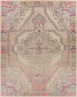 Close-up of the hand-tufted Queenscliff Rug. Bohemian style with oriental, Persian-inspired design in peach, cream, and blue tones. Design-Rectangle-7696