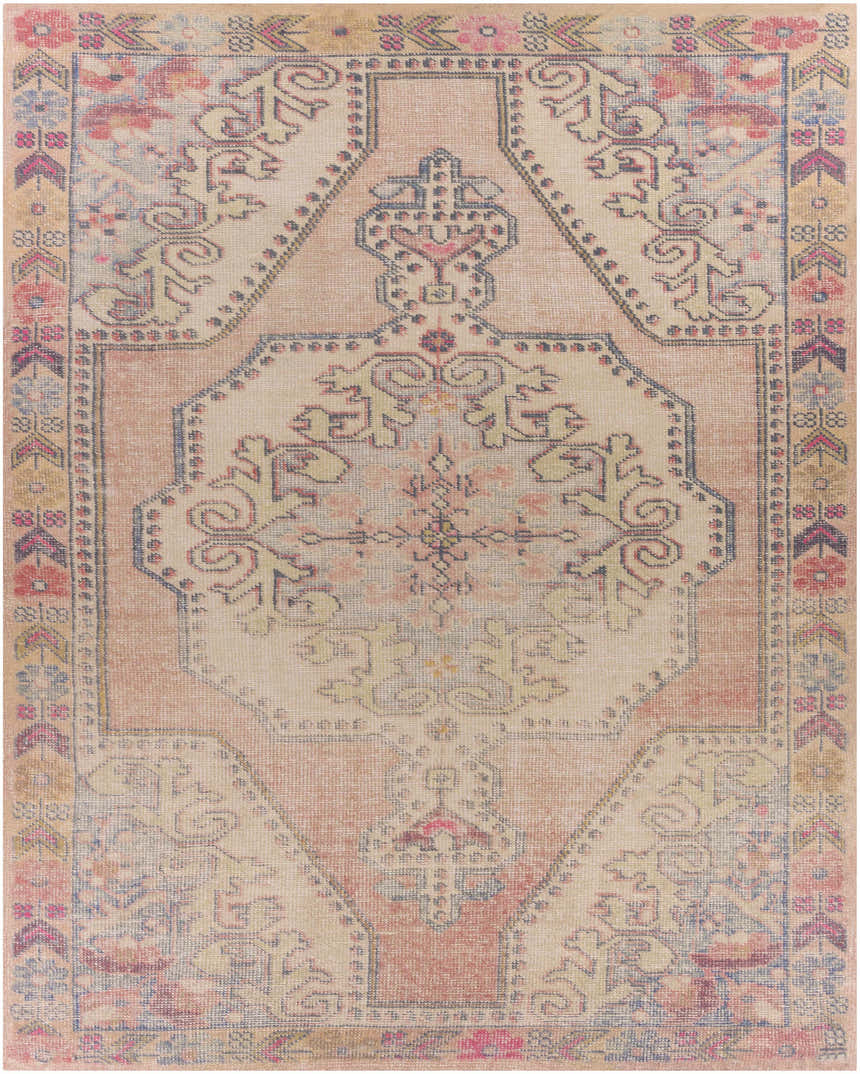 Close-up of the hand-tufted Queenscliff Rug. Bohemian style with oriental, Persian-inspired design in peach, cream, and blue tones. Design-Rectangle-7696