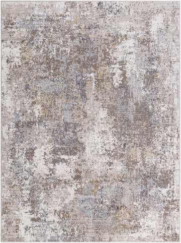 Close-up of the Ulani Area Rug: charcoal, light brown, gray, mustard, taupe, and white abstract design. Design-Rectangle-537
