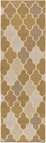 Close-up of the hand woven Quebeck Area Carpet. Geometric pattern in cream, tan, light gray, dusty sage, and medium brown wool. Design-Runner-268