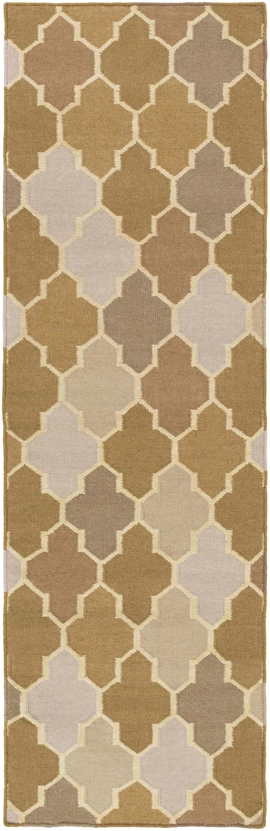 Close-up of the hand woven Quebeck Area Carpet. Geometric pattern in cream, tan, light gray, dusty sage, and medium brown wool. Design-Runner-268